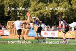 31.08.2024, Annecy, France (FRA): Simon Fourcade (FRA), Eric Perrot (FRA), (l-r) - Martin Fourcade Nordic Festival Biathlon, Annecy (FRA). www.nordicfocus.com. © Manzoni/NordicFocus. Every downloaded picture is fee-liable.