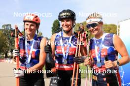 31.08.2024, Annecy, France (FRA): Justine Braisaz-Bouchet (FRA), Julia Simon (FRA), Ingrid Landmark Tandrevold (NOR), (l-r) - Martin Fourcade Nordic Festival Biathlon, Annecy (FRA). www.nordicfocus.com. © Manzoni/NordicFocus. Every downloaded picture is fee-liable.