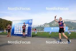 31.08.2024, Annecy, France (FRA): Eric Perrot (FRA), Emilien Jacquelin (FRA), Sebastian Stalder (SUI), (l-r) - Martin Fourcade Nordic Festival Biathlon, Annecy (FRA). www.nordicfocus.com. © Manzoni/NordicFocus. Every downloaded picture is fee-liable.