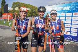 31.08.2024, Annecy, France (FRA): Justine Braisaz-Bouchet (FRA), Julia Simon (FRA), Ingrid Landmark Tandrevold (NOR), (l-r)  - Martin Fourcade Nordic Festival Biathlon, Annecy (FRA). www.nordicfocus.com. © Thibaut/NordicFocus. Every downloaded picture is fee-liable.