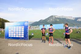 31.08.2024, Annecy, France (FRA): Eric Perrot (FRA), Emilien Jacquelin (FRA), Sebastian Stalder (SUI), (l-r) - Martin Fourcade Nordic Festival Biathlon, Annecy (FRA). www.nordicfocus.com. © Manzoni/NordicFocus. Every downloaded picture is fee-liable.