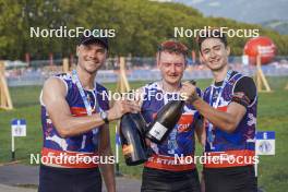 31.08.2024, Annecy, France (FRA): Emilien Jacquelin (FRA), Sebastian Stalder (SUI), Eric Perrot (FRA), (l-r)  - Martin Fourcade Nordic Festival Biathlon, Annecy (FRA). www.nordicfocus.com. © Thibaut/NordicFocus. Every downloaded picture is fee-liable.