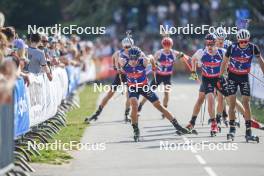 31.08.2024, Annecy, France (FRA): Quentin Fillon Maillet (FRA), Johannes Kuehn (GER), Eric Perrot (FRA), (l-r)  - Martin Fourcade Nordic Festival Biathlon, Annecy (FRA). www.nordicfocus.com. © Thibaut/NordicFocus. Every downloaded picture is fee-liable.