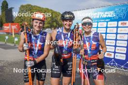 31.08.2024, Annecy, France (FRA): Justine Braisaz-Bouchet (FRA), Julia Simon (FRA), Ingrid Landmark Tandrevold (NOR), (l-r)  - Martin Fourcade Nordic Festival Biathlon, Annecy (FRA). www.nordicfocus.com. © Thibaut/NordicFocus. Every downloaded picture is fee-liable.