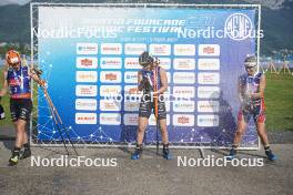 31.08.2024, Annecy, France (FRA): Justine Braisaz-Bouchet (FRA), Julia Simon (FRA), Ingrid Landmark Tandrevold (NOR), (l-r)  - Martin Fourcade Nordic Festival Biathlon, Annecy (FRA). www.nordicfocus.com. © Thibaut/NordicFocus. Every downloaded picture is fee-liable.