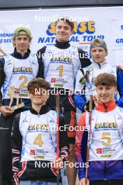 22.09.2024, Premanon, France (FRA): Tobit Keller (SUI), Murray Jacquin (FRA), Niels Bibollet (FRA), Martin Minazzi (FRA), Augustin Remonnay (FRA), (l-r) - Biathlon Samse Summer Tour, individual, Premanon (FRA). www.nordicfocus.com. © Manzoni/NordicFocus. Every downloaded picture is fee-liable.