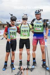 22.09.2024, Premanon, France (FRA): Clement Pires (FRA), Leo Carlier (FRA), Enzo Bouillet (FRA), (l-r) - Biathlon Samse Summer Tour, pursuit, Premanon (FRA). www.nordicfocus.com. © Manzoni/NordicFocus. Every downloaded picture is fee-liable.