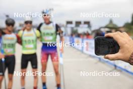 22.09.2024, Premanon, France (FRA): Clement Pires (FRA), Leo Carlier (FRA), Enzo Bouillet (FRA), (l-r) - Biathlon Samse Summer Tour, pursuit, Premanon (FRA). www.nordicfocus.com. © Manzoni/NordicFocus. Every downloaded picture is fee-liable.