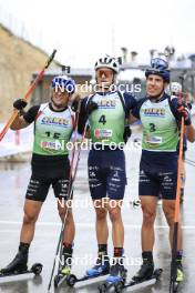 22.09.2024, Premanon, France (FRA): Oscar Lombardot (FRA), Eric Perrot (FRA), Quentin Fillon Maillet (FRA), (l-r) - Biathlon Samse Summer Tour, pursuit, Premanon (FRA). www.nordicfocus.com. © Manzoni/NordicFocus. Every downloaded picture is fee-liable.