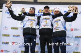 22.09.2024, Premanon, France (FRA): Quentin Fillon Maillet (FRA), Eric Perrot (FRA), Oscar Lombardot (FRA), (l-r) - Biathlon Samse Summer Tour, pursuit, Premanon (FRA). www.nordicfocus.com. © Manzoni/NordicFocus. Every downloaded picture is fee-liable.