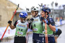 22.09.2024, Premanon, France (FRA): Oscar Lombardot (FRA), Eric Perrot (FRA), Quentin Fillon Maillet (FRA), (l-r) - Biathlon Samse Summer Tour, pursuit, Premanon (FRA). www.nordicfocus.com. © Manzoni/NordicFocus. Every downloaded picture is fee-liable.