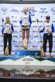 22.09.2024, Premanon, France (FRA): Lola Bugeaud (FRA), Louise Roguet (FRA), Alice Dusserre (FRA), (l-r) - Biathlon Samse Summer Tour, pursuit, Premanon (FRA). www.nordicfocus.com. © Manzoni/NordicFocus. Every downloaded picture is fee-liable.