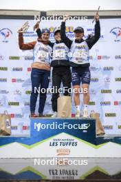 22.09.2024, Premanon, France (FRA): Julia Simon (FRA), Oceane Michelon (FRA), Jeanne Richard (FRA), (l-r) - Biathlon Samse Summer Tour, pursuit, Premanon (FRA). www.nordicfocus.com. © Manzoni/NordicFocus. Every downloaded picture is fee-liable.