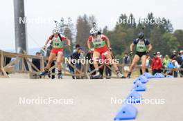 22.09.2024, Premanon, France (FRA): Lena Brun (FRA), Adeline Debuyser (FRA), Maeline Triponez (SUI), (l-r) - Biathlon Samse Summer Tour, pursuit, Premanon (FRA). www.nordicfocus.com. © Manzoni/NordicFocus. Every downloaded picture is fee-liable.