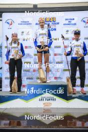 22.09.2024, Premanon, France (FRA): Lola Bugeaud (FRA), Louise Roguet (FRA), Alice Dusserre (FRA), (l-r) - Biathlon Samse Summer Tour, pursuit, Premanon (FRA). www.nordicfocus.com. © Manzoni/NordicFocus. Every downloaded picture is fee-liable.