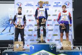 22.09.2024, Premanon, France (FRA): Clement Pires (FRA), Leo Carlier (FRA), Enzo Bouillet (FRA), (l-r) - Biathlon Samse Summer Tour, pursuit, Premanon (FRA). www.nordicfocus.com. © Manzoni/NordicFocus. Every downloaded picture is fee-liable.