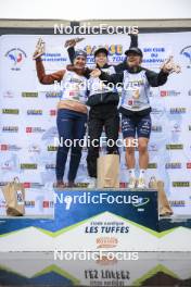 22.09.2024, Premanon, France (FRA): Julia Simon (FRA), Oceane Michelon (FRA), Jeanne Richard (FRA), (l-r) - Biathlon Samse Summer Tour, pursuit, Premanon (FRA). www.nordicfocus.com. © Manzoni/NordicFocus. Every downloaded picture is fee-liable.