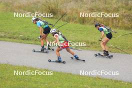 22.09.2024, Premanon, France (FRA): Mila Ambert (FRA), Coralie Perrin (FRA), Maeline Triponez (SUI), (l-r) - Biathlon Samse Summer Tour, pursuit, Premanon (FRA). www.nordicfocus.com. © Manzoni/NordicFocus. Every downloaded picture is fee-liable.