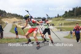 22.09.2024, Premanon, France (FRA): Benjamin De Grimaudet De Rochebouet (FRA), Flavio Guy (FRA), (l-r) - Biathlon Samse Summer Tour, pursuit, Premanon (FRA). www.nordicfocus.com. © Manzoni/NordicFocus. Every downloaded picture is fee-liable.