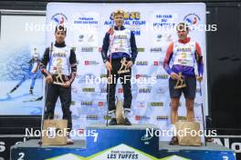 22.09.2024, Premanon, France (FRA): Clement Pires (FRA), Leo Carlier (FRA), Enzo Bouillet (FRA), (l-r) - Biathlon Samse Summer Tour, pursuit, Premanon (FRA). www.nordicfocus.com. © Manzoni/NordicFocus. Every downloaded picture is fee-liable.