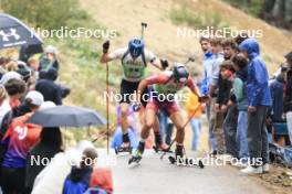 22.09.2024, Premanon, France (FRA): Silvano Demarmels (SUI), Lubin Amiotte (FRA), (l-r) - Biathlon Samse Summer Tour, pursuit, Premanon (FRA). www.nordicfocus.com. © Manzoni/NordicFocus. Every downloaded picture is fee-liable.