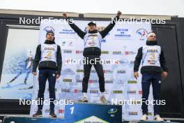 22.09.2024, Premanon, France (FRA): Quentin Fillon Maillet (FRA), Eric Perrot (FRA), Oscar Lombardot (FRA), (l-r) - Biathlon Samse Summer Tour, pursuit, Premanon (FRA). www.nordicfocus.com. © Manzoni/NordicFocus. Every downloaded picture is fee-liable.