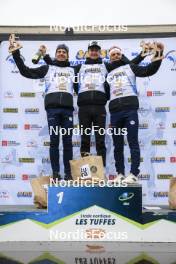 22.09.2024, Premanon, France (FRA): Quentin Fillon Maillet (FRA), Eric Perrot (FRA), Oscar Lombardot (FRA), (l-r) - Biathlon Samse Summer Tour, pursuit, Premanon (FRA). www.nordicfocus.com. © Manzoni/NordicFocus. Every downloaded picture is fee-liable.