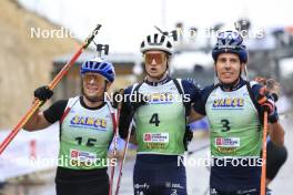 22.09.2024, Premanon, France (FRA): Oscar Lombardot (FRA), Eric Perrot (FRA), Quentin Fillon Maillet (FRA), (l-r) - Biathlon Samse Summer Tour, pursuit, Premanon (FRA). www.nordicfocus.com. © Manzoni/NordicFocus. Every downloaded picture is fee-liable.