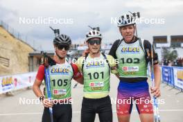 22.09.2024, Premanon, France (FRA): Clement Pires (FRA), Leo Carlier (FRA), Enzo Bouillet (FRA), (l-r) - Biathlon Samse Summer Tour, pursuit, Premanon (FRA). www.nordicfocus.com. © Manzoni/NordicFocus. Every downloaded picture is fee-liable.