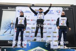 22.09.2024, Premanon, France (FRA): Quentin Fillon Maillet (FRA), Eric Perrot (FRA), Oscar Lombardot (FRA), (l-r) - Biathlon Samse Summer Tour, pursuit, Premanon (FRA). www.nordicfocus.com. © Manzoni/NordicFocus. Every downloaded picture is fee-liable.