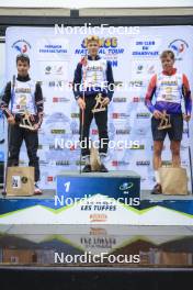 22.09.2024, Premanon, France (FRA): Clement Pires (FRA), Leo Carlier (FRA), Enzo Bouillet (FRA), (l-r) - Biathlon Samse Summer Tour, pursuit, Premanon (FRA). www.nordicfocus.com. © Manzoni/NordicFocus. Every downloaded picture is fee-liable.