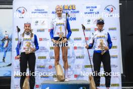 22.09.2024, Premanon, France (FRA): Lola Bugeaud (FRA), Louise Roguet (FRA), Alice Dusserre (FRA), (l-r) - Biathlon Samse Summer Tour, pursuit, Premanon (FRA). www.nordicfocus.com. © Manzoni/NordicFocus. Every downloaded picture is fee-liable.