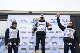 22.09.2024, Premanon, France (FRA): Quentin Fillon Maillet (FRA), Eric Perrot (FRA), Oscar Lombardot (FRA), (l-r) - Biathlon Samse Summer Tour, pursuit, Premanon (FRA). www.nordicfocus.com. © Manzoni/NordicFocus. Every downloaded picture is fee-liable.