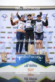 22.09.2024, Premanon, France (FRA): Julia Simon (FRA), Oceane Michelon (FRA), Jeanne Richard (FRA), (l-r) - Biathlon Samse Summer Tour, pursuit, Premanon (FRA). www.nordicfocus.com. © Manzoni/NordicFocus. Every downloaded picture is fee-liable.