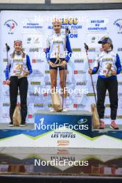 22.09.2024, Premanon, France (FRA): Lola Bugeaud (FRA), Louise Roguet (FRA), Alice Dusserre (FRA), (l-r) - Biathlon Samse Summer Tour, pursuit, Premanon (FRA). www.nordicfocus.com. © Manzoni/NordicFocus. Every downloaded picture is fee-liable.