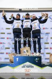 22.09.2024, Premanon, France (FRA): Quentin Fillon Maillet (FRA), Eric Perrot (FRA), Oscar Lombardot (FRA), (l-r) - Biathlon Samse Summer Tour, pursuit, Premanon (FRA). www.nordicfocus.com. © Manzoni/NordicFocus. Every downloaded picture is fee-liable.