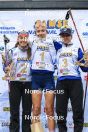 22.09.2024, Premanon, France (FRA): Lola Bugeaud (FRA), Louise Roguet (FRA), Alice Dusserre (FRA), (l-r) - Biathlon Samse Summer Tour, pursuit, Premanon (FRA). www.nordicfocus.com. © Manzoni/NordicFocus. Every downloaded picture is fee-liable.