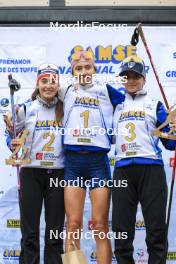 22.09.2024, Premanon, France (FRA): Lola Bugeaud (FRA), Louise Roguet (FRA), Alice Dusserre (FRA), (l-r) - Biathlon Samse Summer Tour, pursuit, Premanon (FRA). www.nordicfocus.com. © Manzoni/NordicFocus. Every downloaded picture is fee-liable.