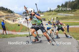 22.09.2024, Premanon, France (FRA): Noe Rochegude-Ribot (FRA), Cyprien Mermillod Blardet (FRA), Tom Bouillet (FRA), (l-r) - Biathlon Samse Summer Tour, pursuit, Premanon (FRA). www.nordicfocus.com. © Manzoni/NordicFocus. Every downloaded picture is fee-liable.