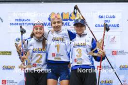 22.09.2024, Premanon, France (FRA): Lola Bugeaud (FRA), Louise Roguet (FRA), Alice Dusserre (FRA), (l-r) - Biathlon Samse Summer Tour, pursuit, Premanon (FRA). www.nordicfocus.com. © Manzoni/NordicFocus. Every downloaded picture is fee-liable.