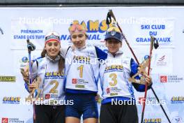 22.09.2024, Premanon, France (FRA): Lola Bugeaud (FRA), Louise Roguet (FRA), Alice Dusserre (FRA), (l-r) - Biathlon Samse Summer Tour, pursuit, Premanon (FRA). www.nordicfocus.com. © Manzoni/NordicFocus. Every downloaded picture is fee-liable.