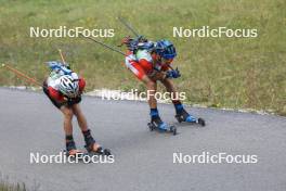 22.09.2024, Premanon, France (FRA): Nans Madelenat (FRA), Paul Cartier (FRA), (l-r) - Biathlon Samse Summer Tour, pursuit, Premanon (FRA). www.nordicfocus.com. © Manzoni/NordicFocus. Every downloaded picture is fee-liable.