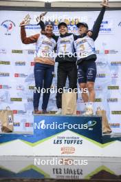 22.09.2024, Premanon, France (FRA): Julia Simon (FRA), Oceane Michelon (FRA), Jeanne Richard (FRA), (l-r) - Biathlon Samse Summer Tour, pursuit, Premanon (FRA). www.nordicfocus.com. © Manzoni/NordicFocus. Every downloaded picture is fee-liable.