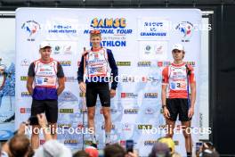 21.09.2024, Premanon, France (FRA): Enzo Bouillet (FRA), Leo Carlier (FRA), Emile Weiss (FRA), (l-r) - Biathlon Samse Summer Tour, sprint, Premanon (FRA). www.nordicfocus.com. © Manzoni/NordicFocus. Every downloaded picture is fee-liable.