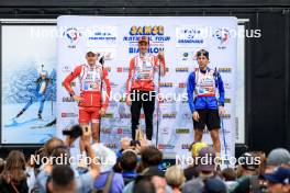 21.09.2024, Premanon, France (FRA): Ian Martinet (FRA), Corentin Jacob (FRA), Gaetan Paturel (FRA), (l-r) - Biathlon Samse Summer Tour, sprint, Premanon (FRA). www.nordicfocus.com. © Manzoni/NordicFocus. Every downloaded picture is fee-liable.