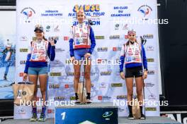 21.09.2024, Premanon, France (FRA): Emma Oustry (FRA), Louise Roguet (FRA), Lola Bugeaud (FRA), (l-r) - Biathlon Samse Summer Tour, sprint, Premanon (FRA). www.nordicfocus.com. © Manzoni/NordicFocus. Every downloaded picture is fee-liable.