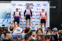 21.09.2024, Premanon, France (FRA): Enzo Bouillet (FRA), Leo Carlier (FRA), Emile Weiss (FRA), (l-r) - Biathlon Samse Summer Tour, sprint, Premanon (FRA). www.nordicfocus.com. © Manzoni/NordicFocus. Every downloaded picture is fee-liable.