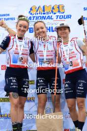 21.09.2024, Premanon, France (FRA): Lou Jeanmonnot (FRA), Oceane Michelon (FRA), Jeanne Richard (FRA), (l-r) - Biathlon Samse Summer Tour, sprint, Premanon (FRA). www.nordicfocus.com. © Manzoni/NordicFocus. Every downloaded picture is fee-liable.