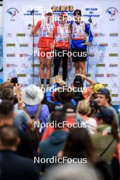 21.09.2024, Premanon, France (FRA): Ian Martinet (FRA), Corentin Jacob (FRA), Gaetan Paturel (FRA), (l-r) - Biathlon Samse Summer Tour, sprint, Premanon (FRA). www.nordicfocus.com. © Manzoni/NordicFocus. Every downloaded picture is fee-liable.