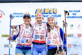 21.09.2024, Premanon, France (FRA): Emma Oustry (FRA), Louise Roguet (FRA), Lola Bugeaud (FRA), (l-r) - Biathlon Samse Summer Tour, sprint, Premanon (FRA). www.nordicfocus.com. © Manzoni/NordicFocus. Every downloaded picture is fee-liable.